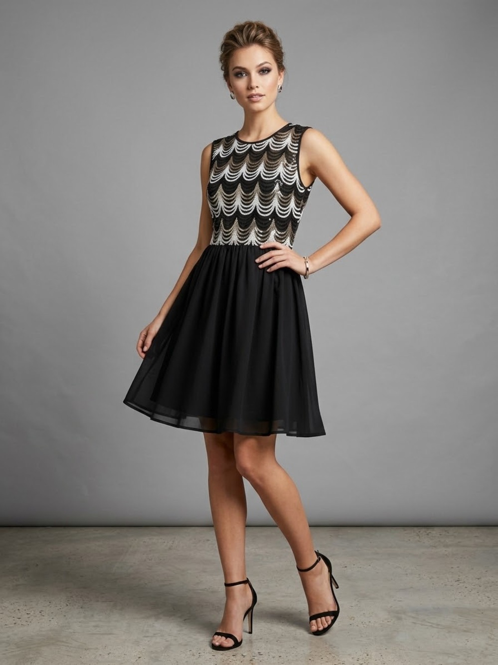 Vintage Whimsygoth Black & Silver Sequin Scalloped Bodice Fit & Flare Dress⁠